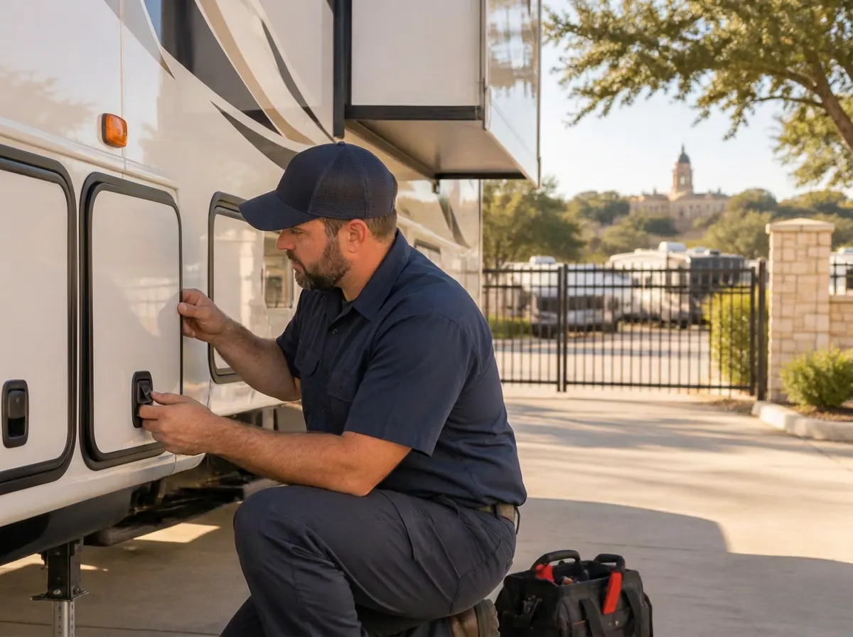 Mobile RV repair technician beside a fifth wheel at a storage lot in Georgetown TX