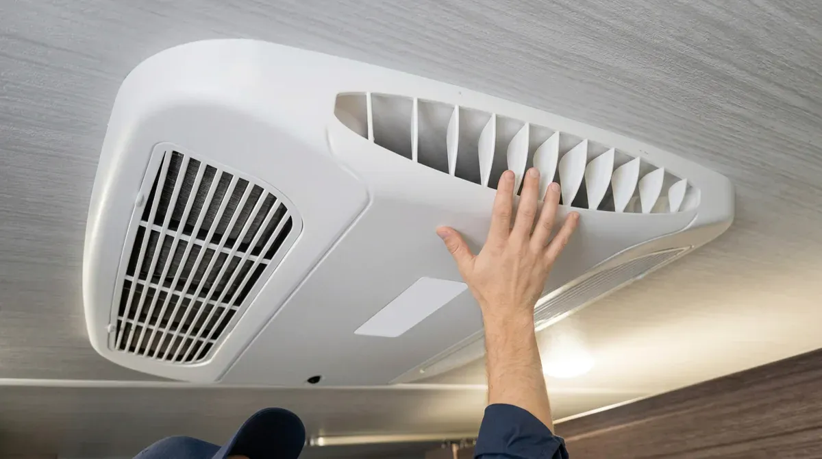 RV technician reaching up to service a ceiling-mounted air conditioner inside a motorhome in Georgetown, Texas