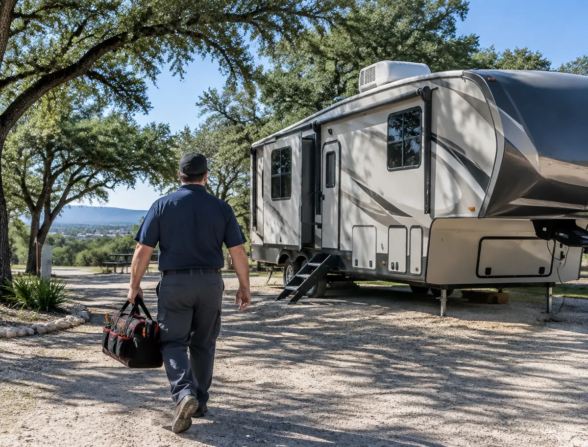 Mobile RV technician walking toward a parked fifth wheel in Georgetown Texas for air conditioner service