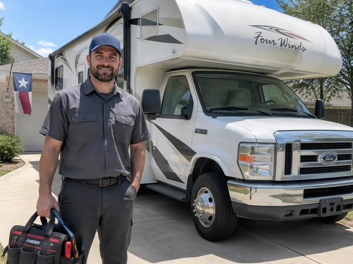 RV technician standing beside a Class C motorhome in a Georgetown TX driveway before generator service