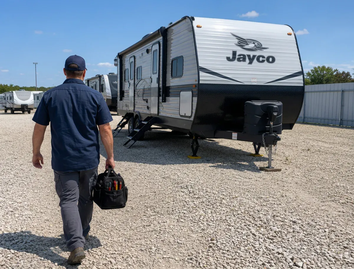 Mobile RV technician walking toward a parked travel trailer at a Georgetown Texas storage lot for water leak service