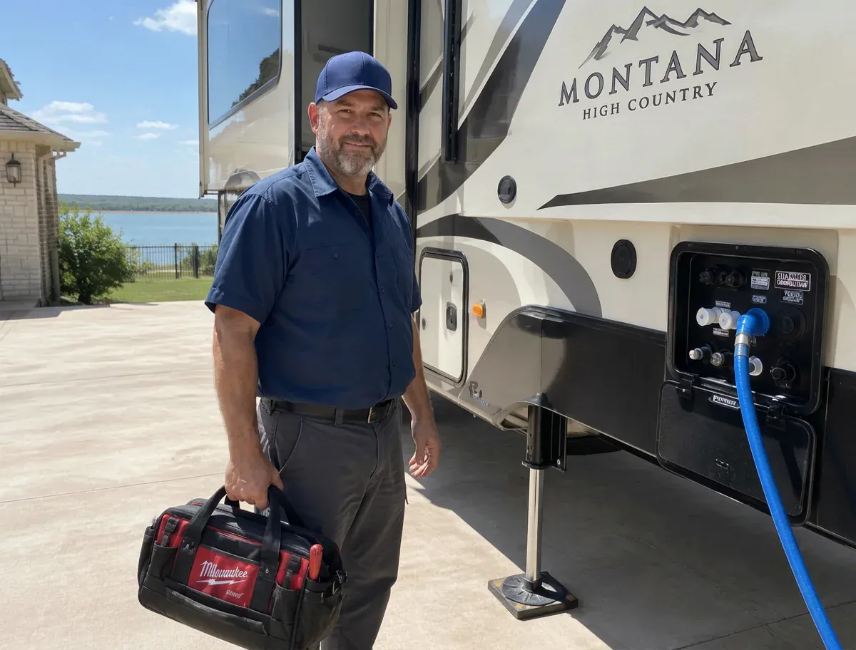 RV technician standing beside a fifth wheel in a Georgetown TX driveway before plumbing and leak repair