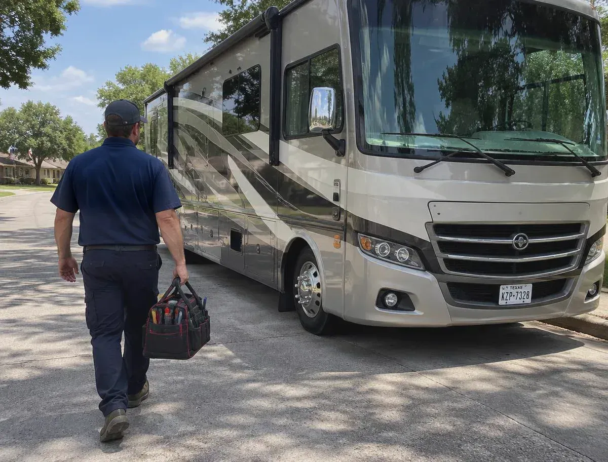Mobile RV technician walking to a Class A motorhome with a tool bag for appliance repair in Georgetown Texas