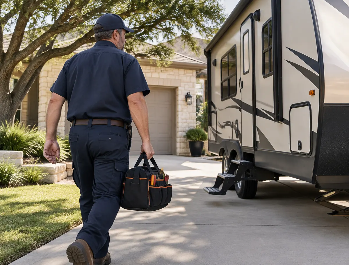 On-site RV mechanic walking up a Georgetown TX driveway toward a parked travel trailer